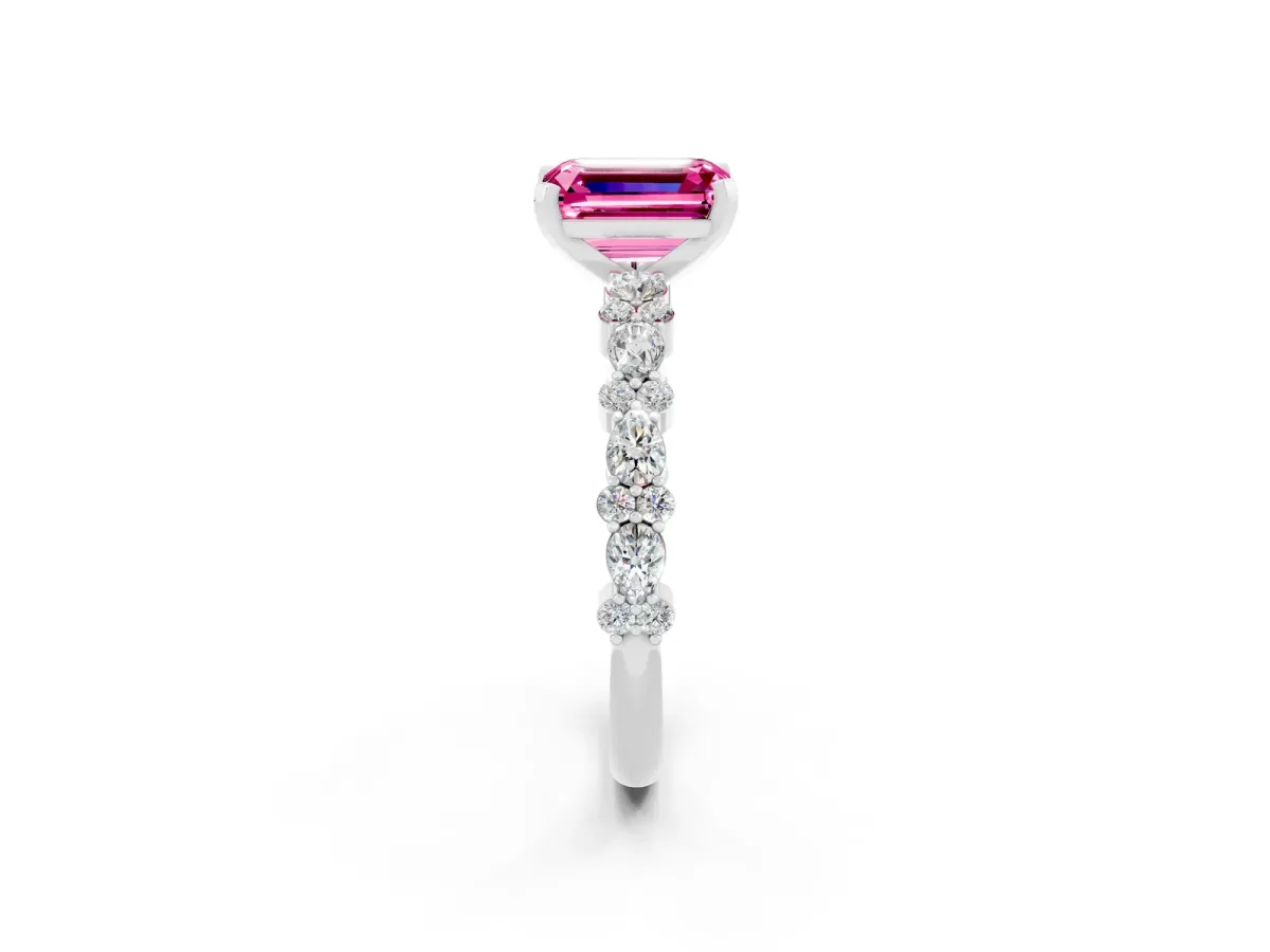 Emerald Cut Pink Sapphire Side Stone Solitaire Ring with Round and Four-Prong Setting White gold