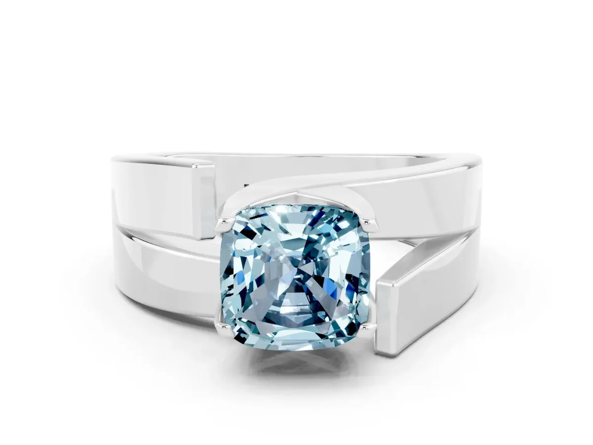 Modern Tension Set Cushion Cut Aquamarine Solitaire Wide Band Ring Silver