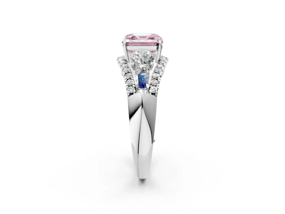 Fancy Pink Three-Stone Asscher Cut Diamond Engagement Ring with Pave Band and Prong Setting Platinum