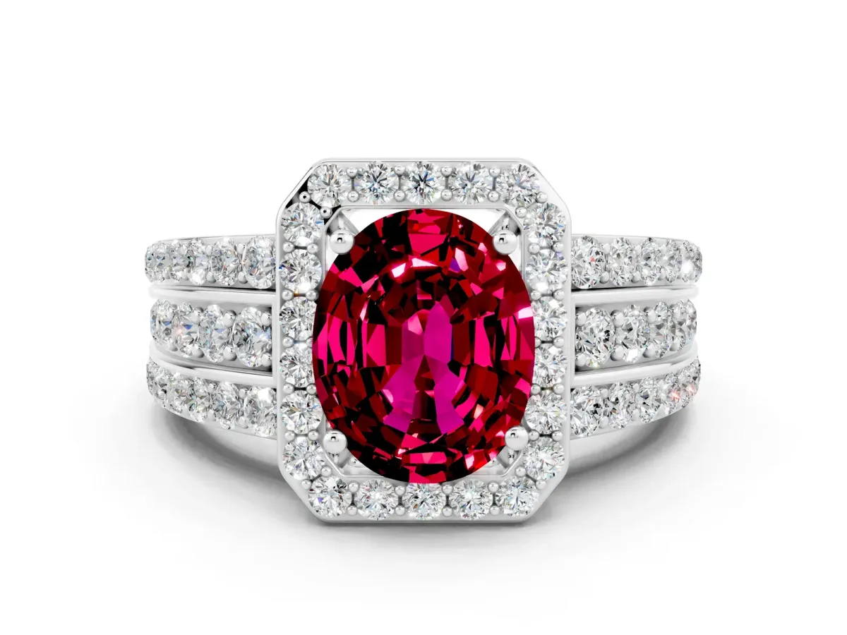 Oval Cut Halo Garnet Ring with Round Split Shank and Prong Setting White gold