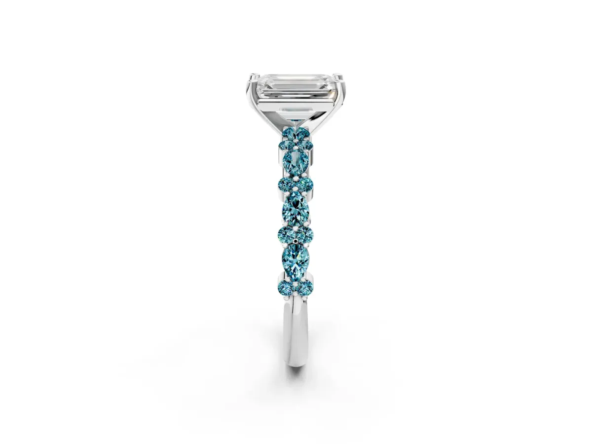 Emerald Cut Diamond Side Stone Solitaire Ring with Round Blue Topaz and Four-Prong Setting Platinum
