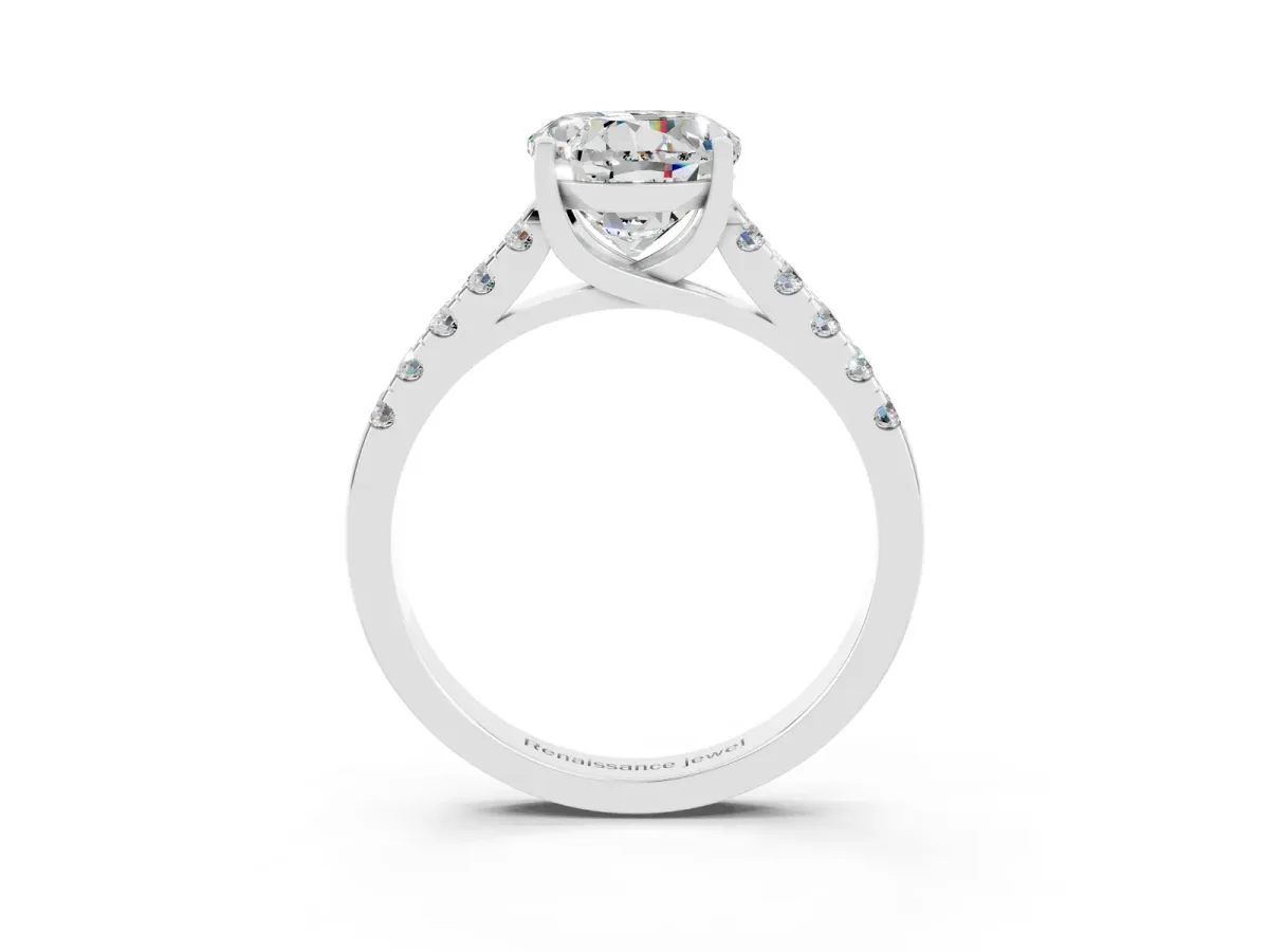 Round Cut Moissanite Pavé Band Solitaire Ring with Prong Setting White gold