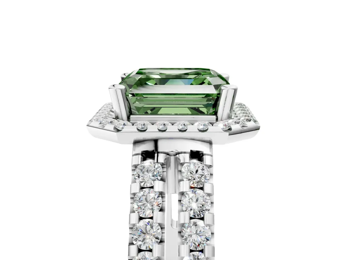 Fancy Green Asscher Cut Halo Diamond Split Shank Engagement Ring with Prong Setting Platinum