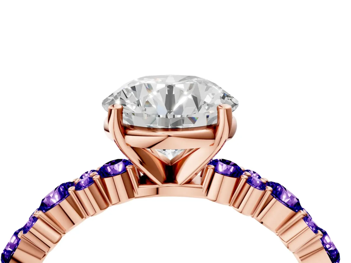 Round Cut Diamond Side Stone Solitaire Ring with Round Tanzanite and Four-Prong Setting Rose gold