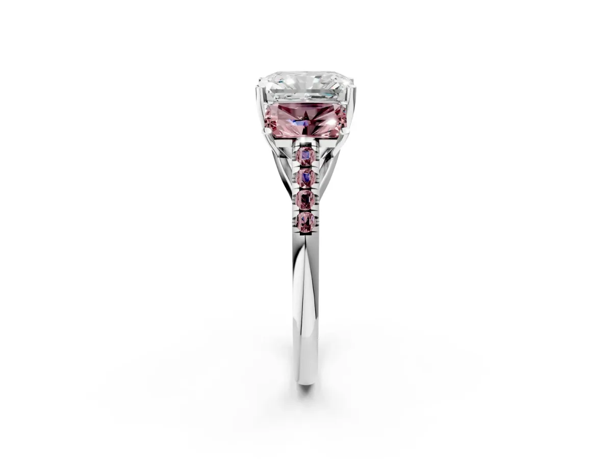 Three-Stone Radiant Cut Diamond Ring with Round Morganite Pavé Band and Prong Setting Silver