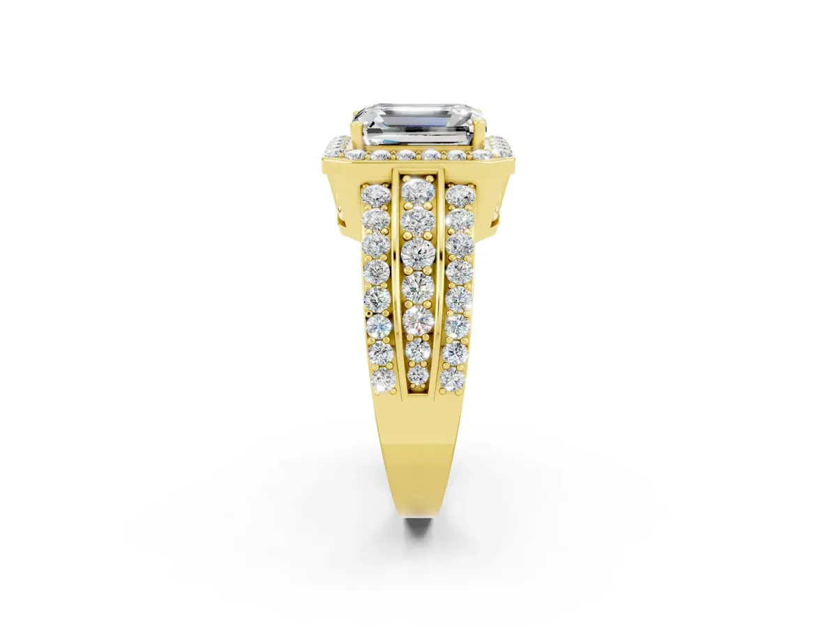 Emerald Cut Halo Moissanite Ring with Round Split Shank and Prong Setting Yellow gold