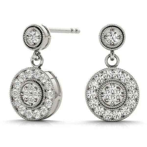 Round Halo Diamond Drop Earrings with Milgrain Bezel Setting Silver