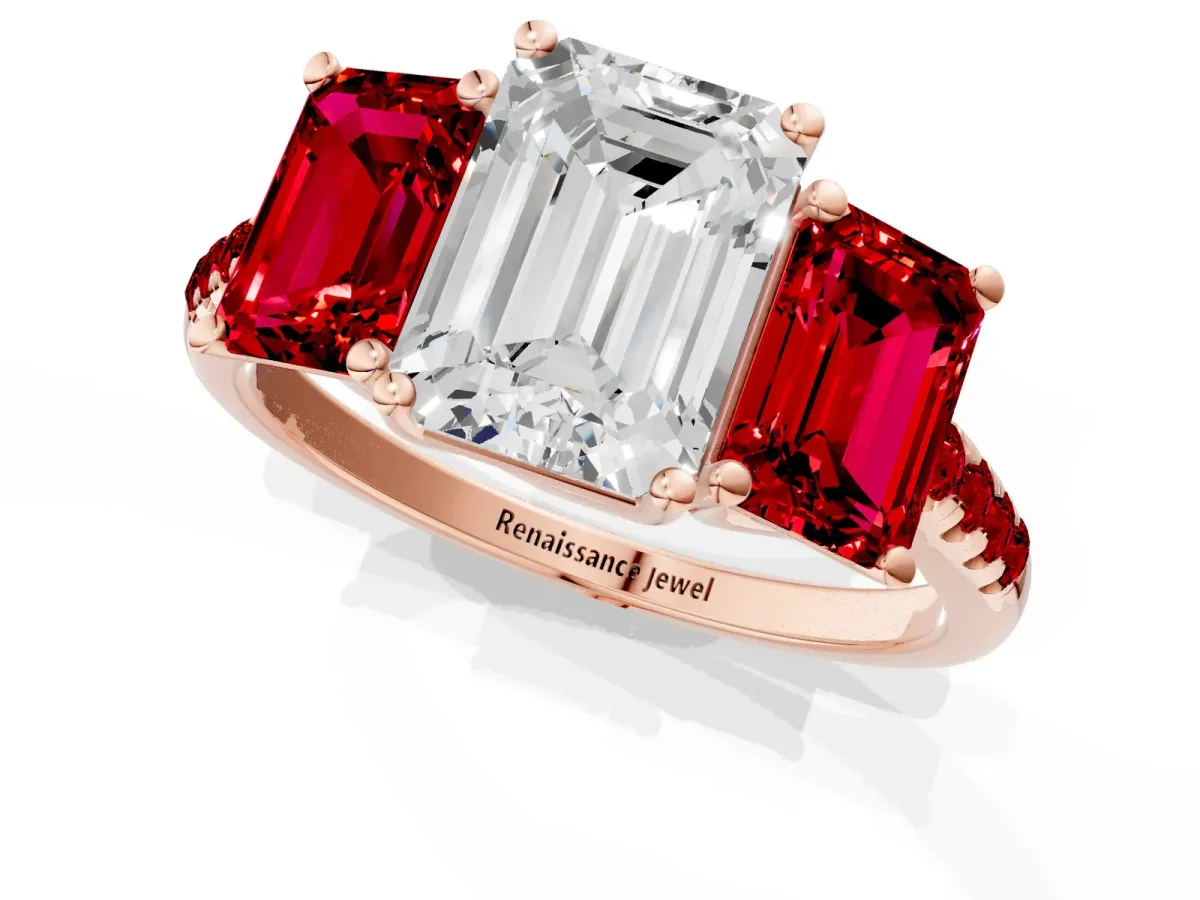 Three-Stone Emerald Cut Diamond Ring with Round Ruby Pavé Band and Prong Setting Rose gold