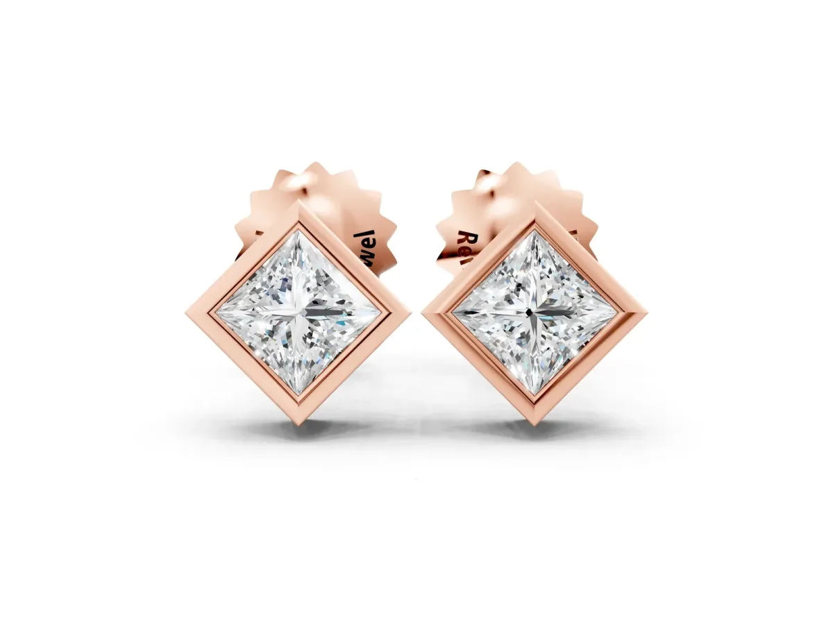 Princess Cut Bezel Set Diamond Stud Earrings Rose gold
