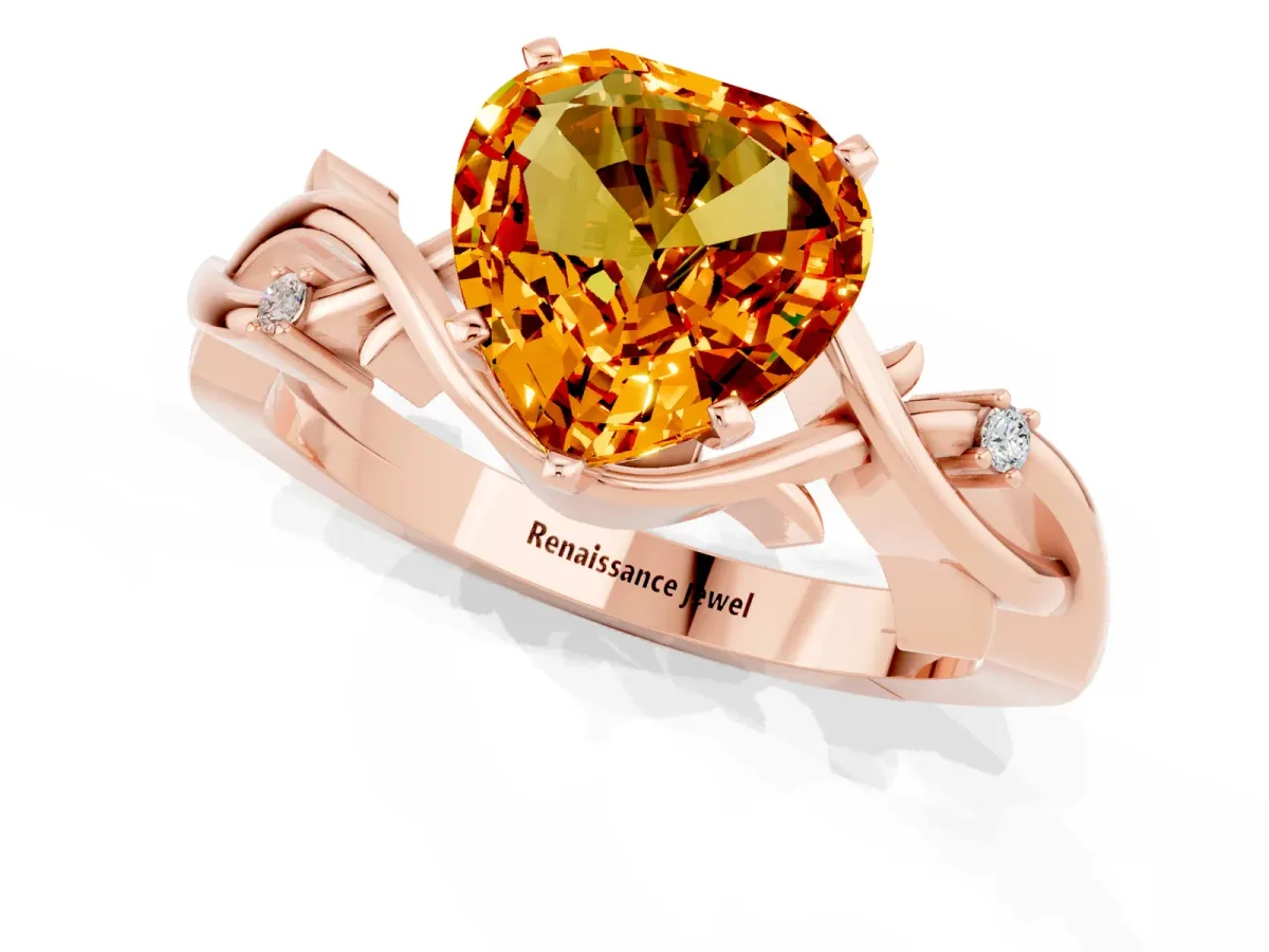 Heart Cut Citrine Solitaire Ring with Twisted Band and Prong Setting Rose gold