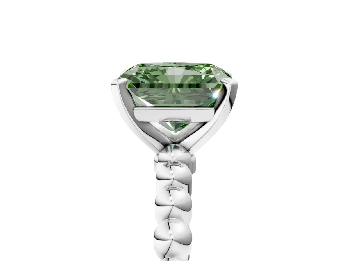 Fancy Green Radiant Cut Diamond Solitaire Ring with Beaded Band and Prong Setting Platinum