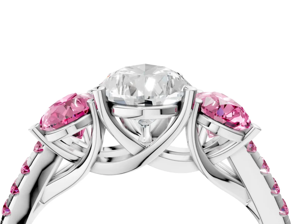 Three-Stone Pear Cut Diamond Ring with Round Pink Sapphire Pavé Band and Prong Setting Silver