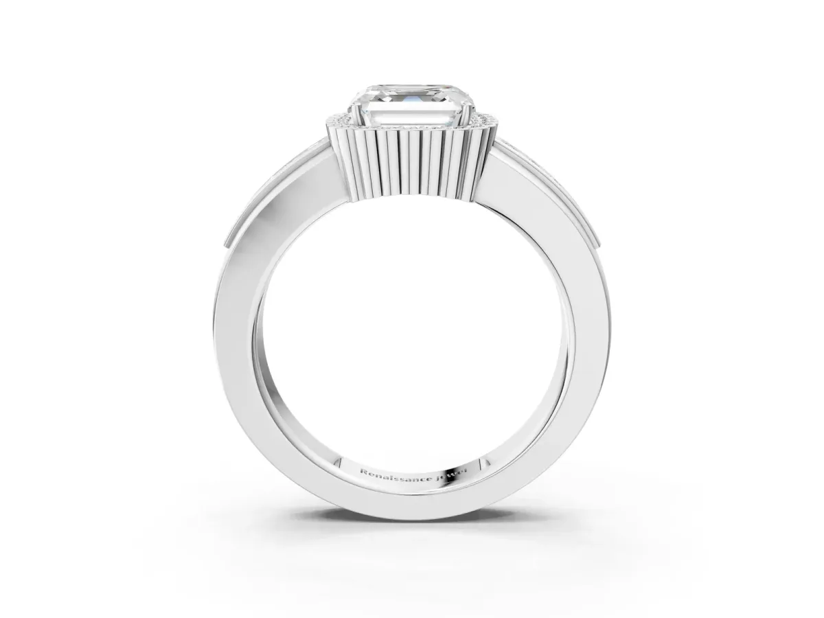 Asscher Cut Cut Halo Pave Band Four-Prong Ring Platinum