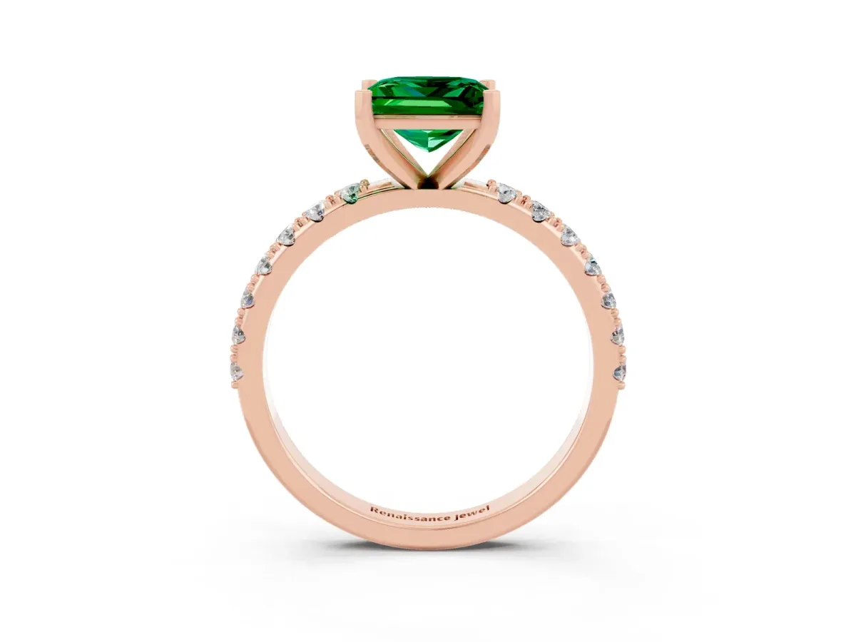 Princess Cut Emerald Solitaire Pavé Band with Four-Prong Setting Rose gold