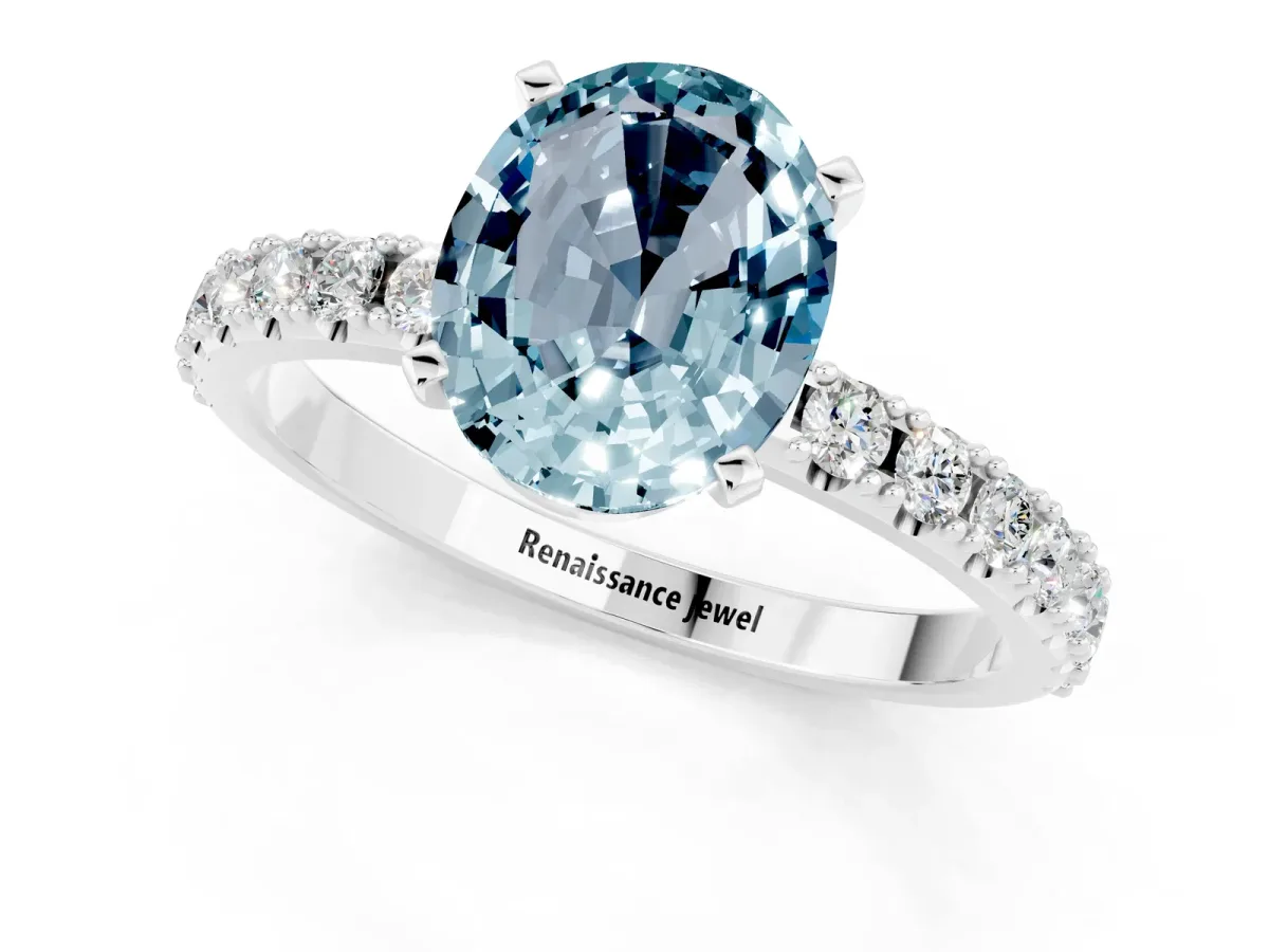 Oval Cut Aquamarine Solitaire Pavé Band with Four-Prong Setting Silver