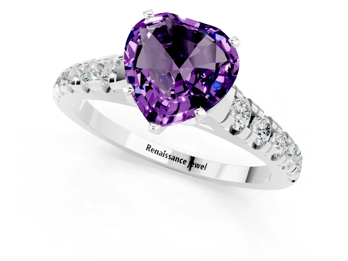 Heart Cut Amethyst Cathedral Solitaire Ring with Round Pavé Band Silver
