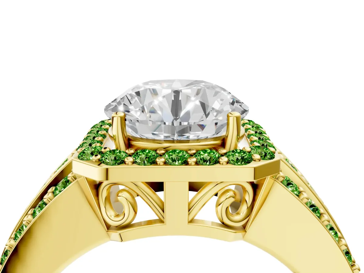 Round Cut Halo Diamond Ring with Round Peridot Split Shank and Prong Setting Yellow gold