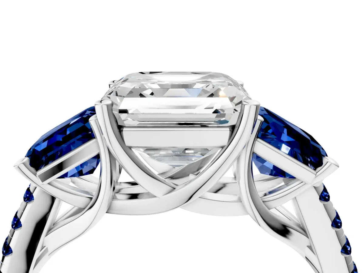 Three-Stone Asscher Cut Diamond Ring with Round Blue Sapphire Pavé Band and Prong Setting Silver