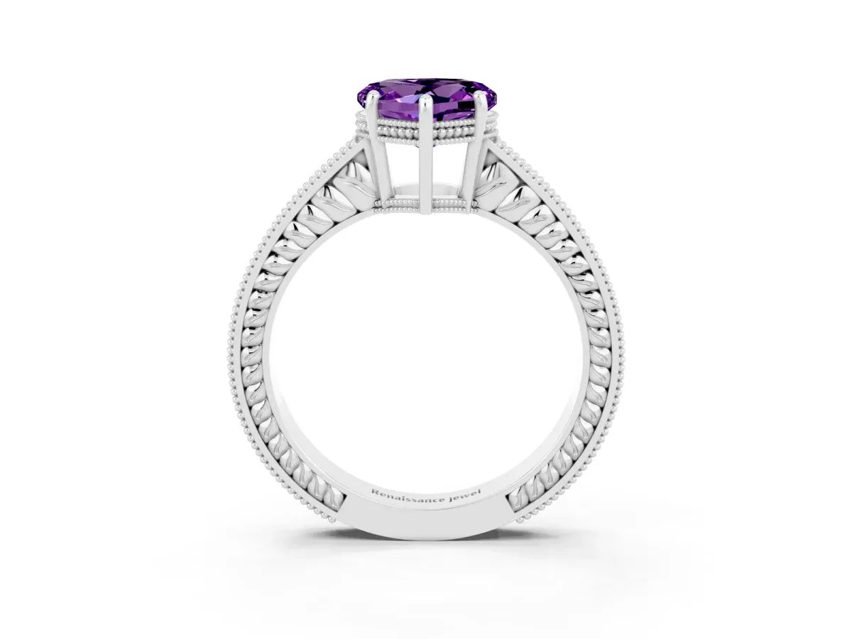 Heart Cut Amethyst Ring with Milgrain Pavé Band and Four-Prong Setting Platinum