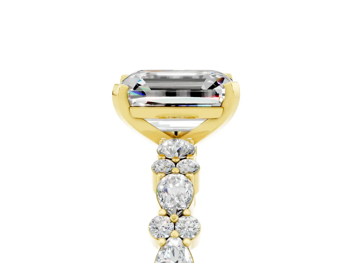 Emerald Cut Moissanite Side Stone Solitaire Ring with Round and Four-Prong Setting Yellow gold