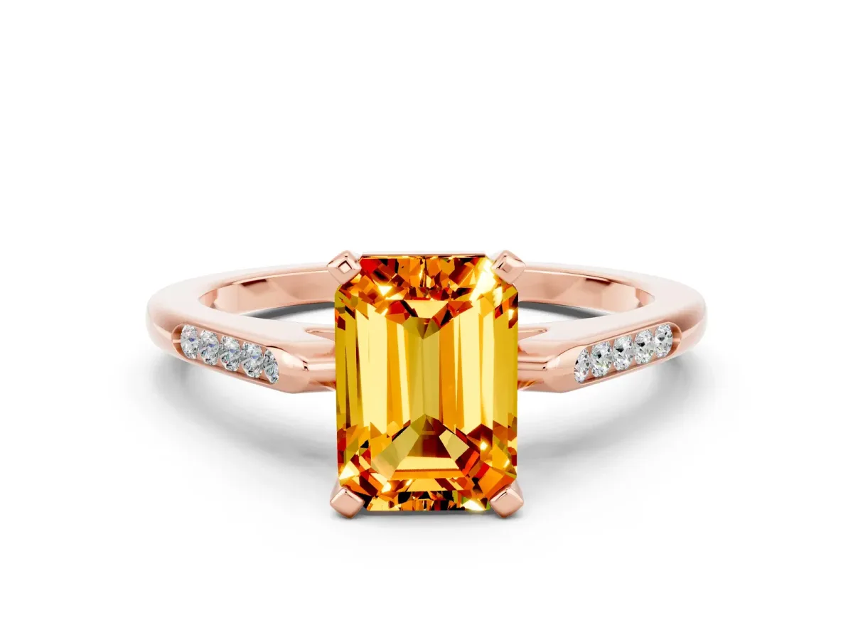 Emerald Cut Citrine Solitaire Ring with Channel Set Round Band and Prong Setting Rose gold