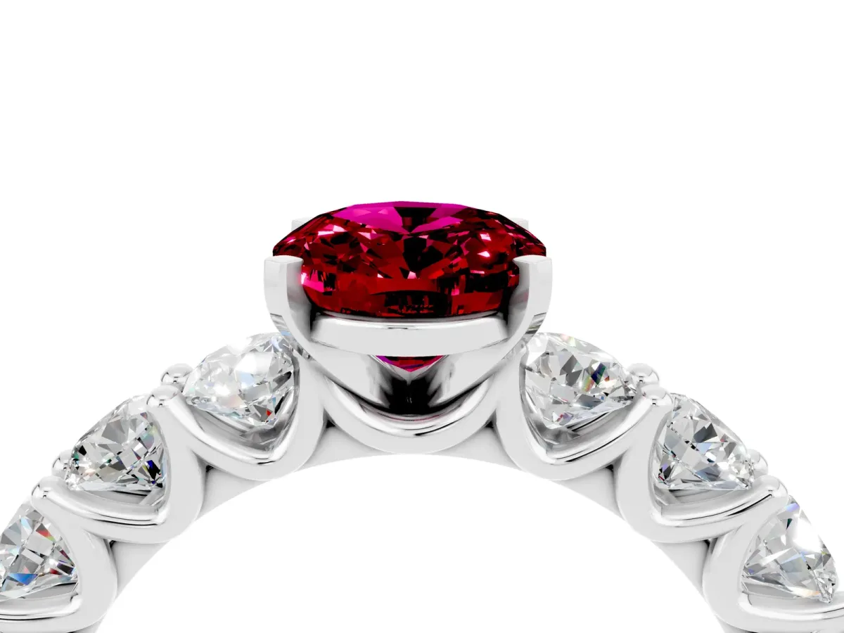 Oval Cut Garnet Prong Setting with Side Stones on a Pave Band Platinum