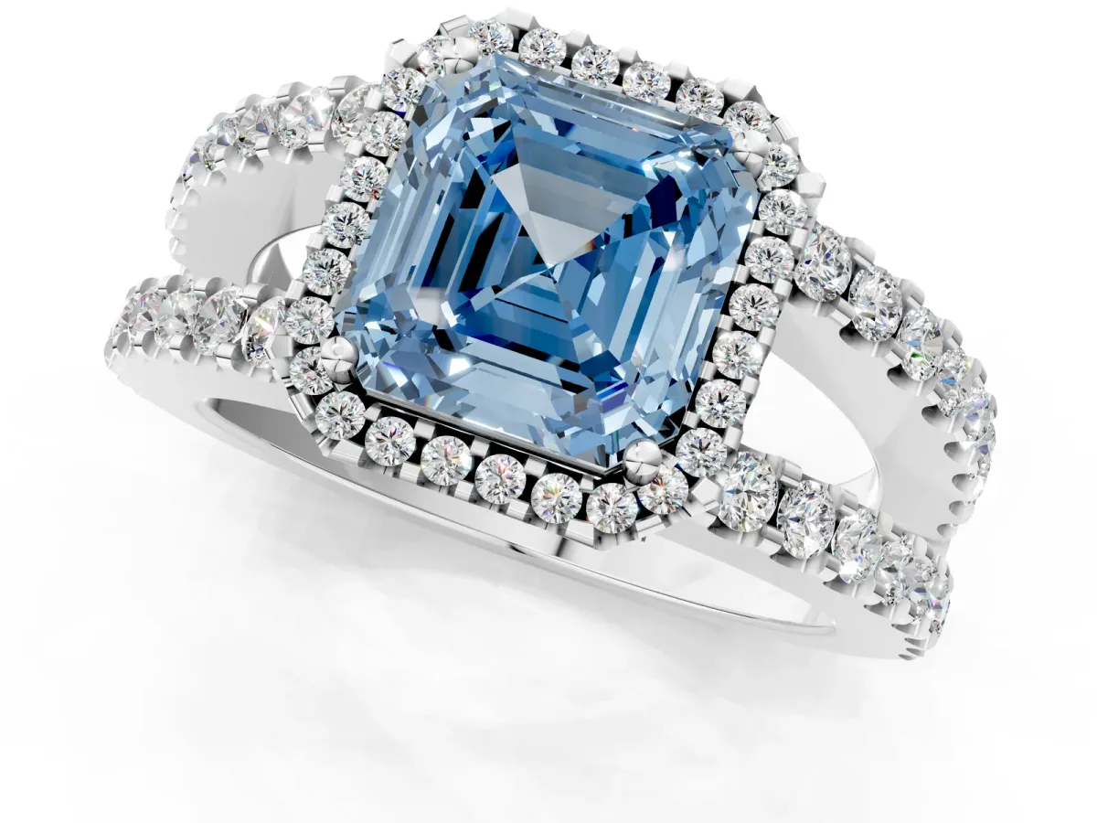 Fancy Blue Asscher Cut Cut Halo Split Shank Diamond Ring with Four-Prong Setting Platinum
