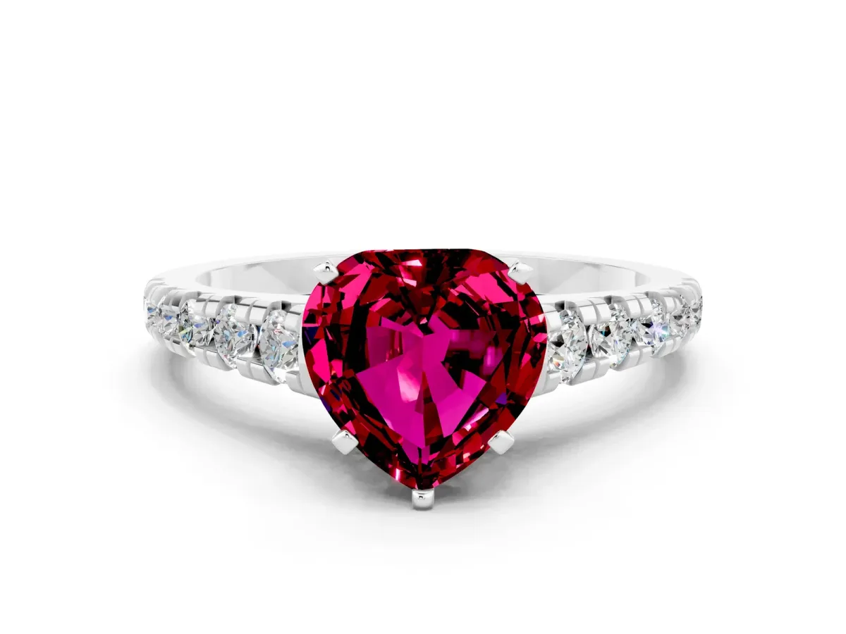 Heart Cut Garnet Cathedral Solitaire Ring with Round Pavé Band Silver