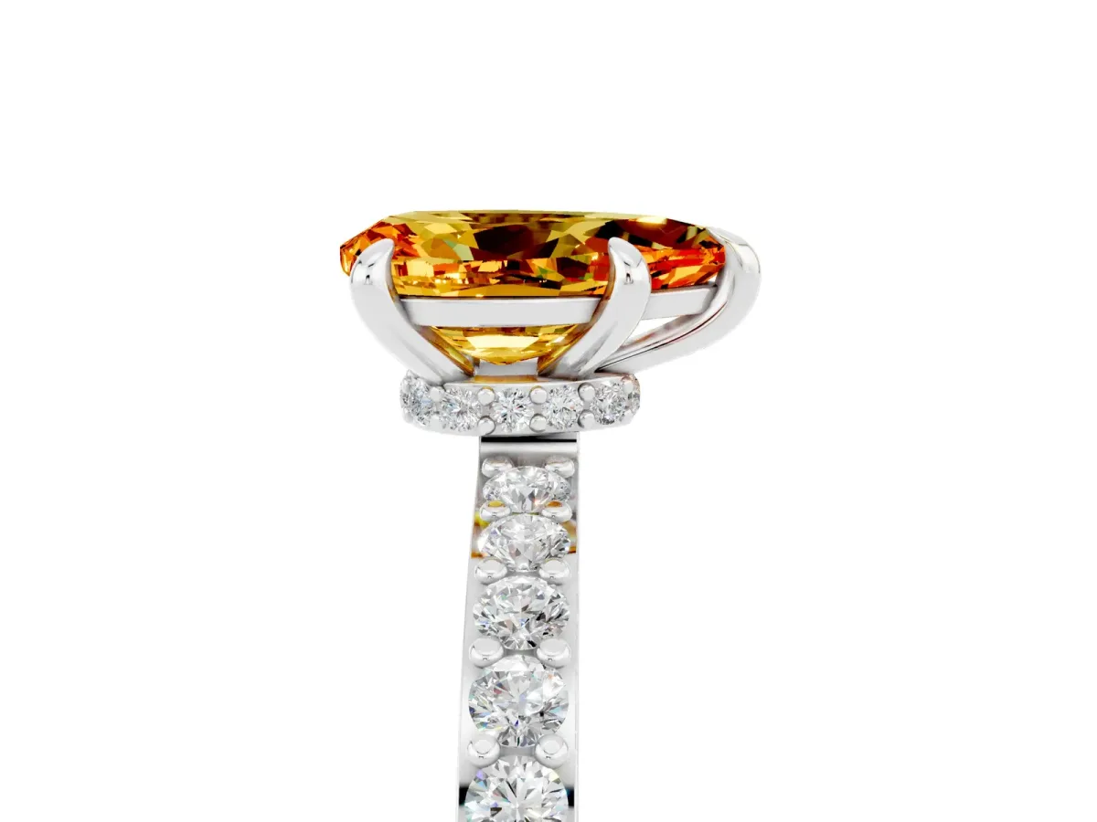Pear Cut Citrine Solitaire Engagement Ring with Pavé Band and Four-Prong Setting Silver