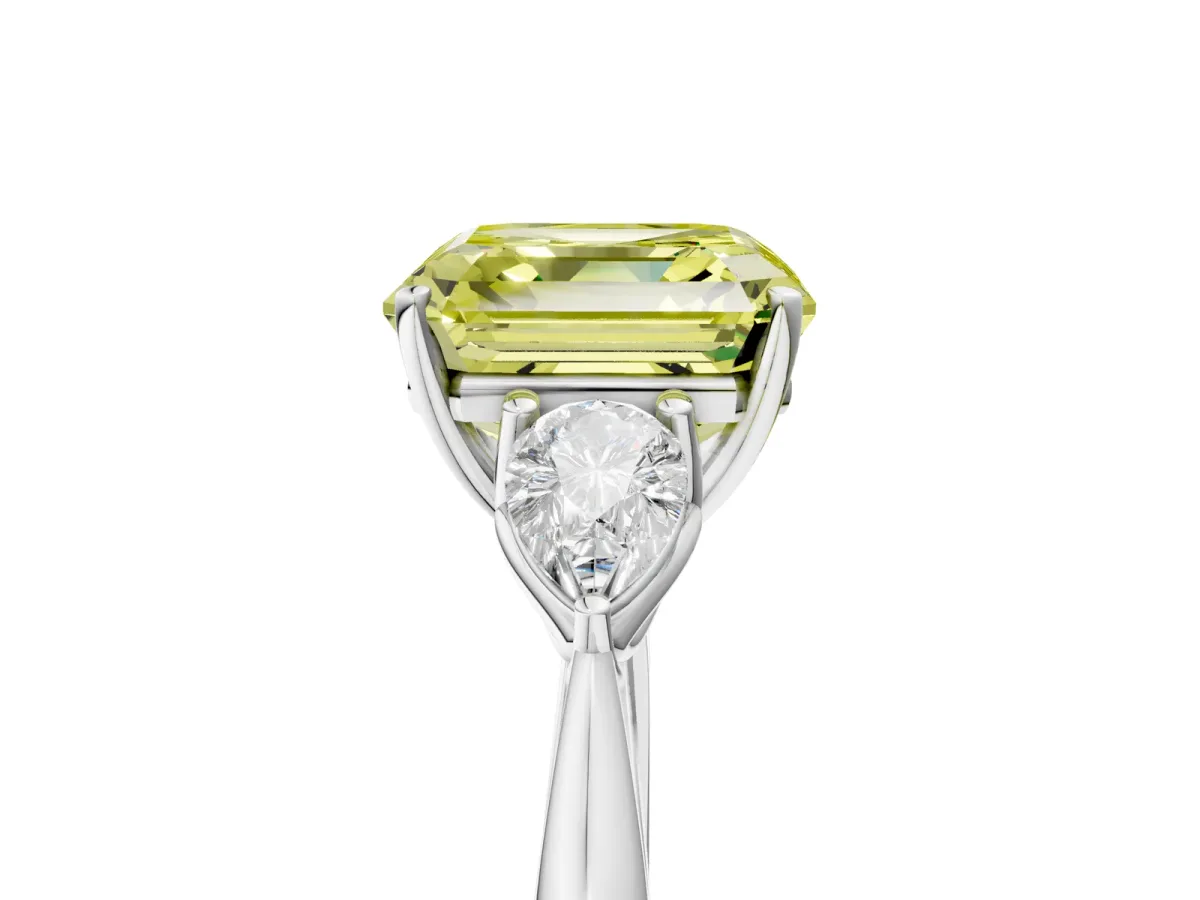 Fancy Yellow Three-Stone Asscher Cut Diamond Ring with Pear Side Stones in Four-Prong Setting Platinum
