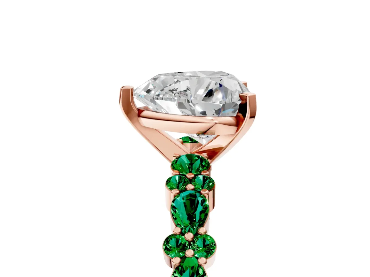 Heart Cut Diamond Side Stone Solitaire Ring with Round Emerald and Four-Prong Setting Rose gold