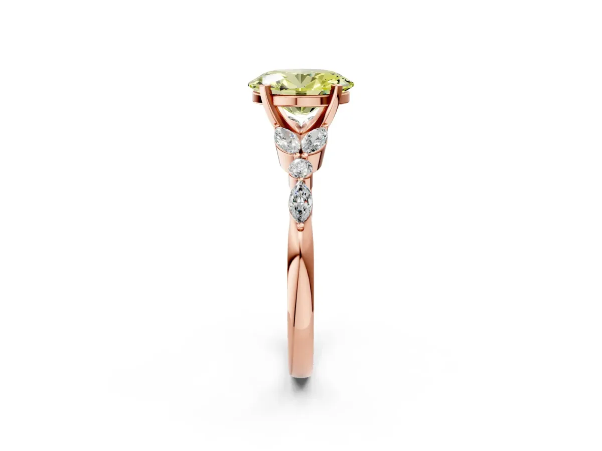 Fancy Yellow Oval Cut Diamond Solitaire Ring with Side Stones and Four-Prong Setting Rose gold