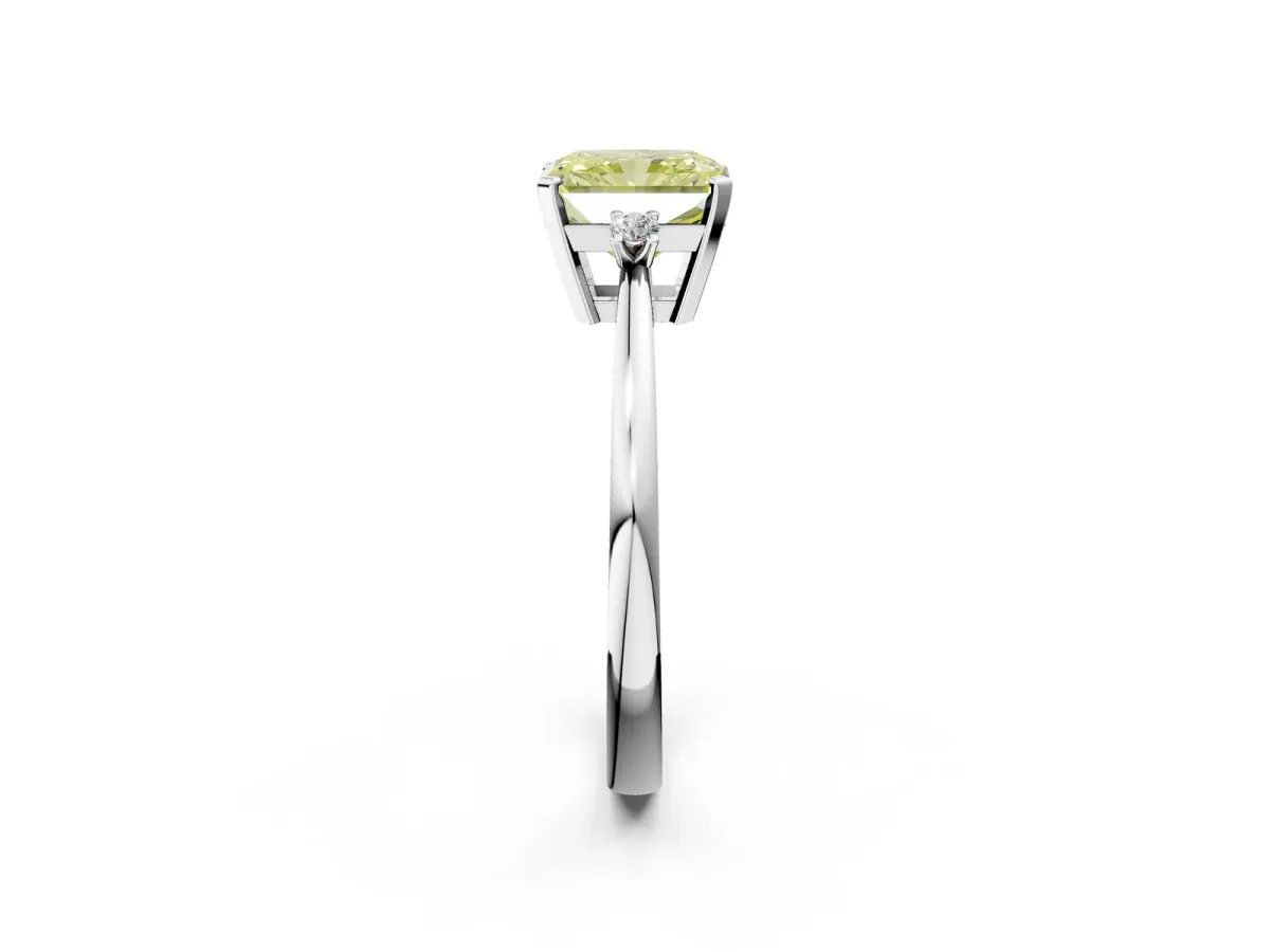 Fancy Yellow Radiant Cut Cut Three-Stone Solitaire Ring with Round Accent Diamonds and Four-Prong Setting Platinum