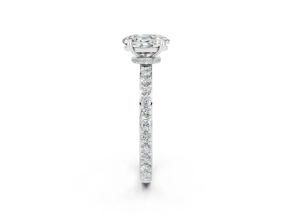 Oval Cut Moissanite Solitaire Engagement Ring with Pavé Band and Four-Prong Setting Silver