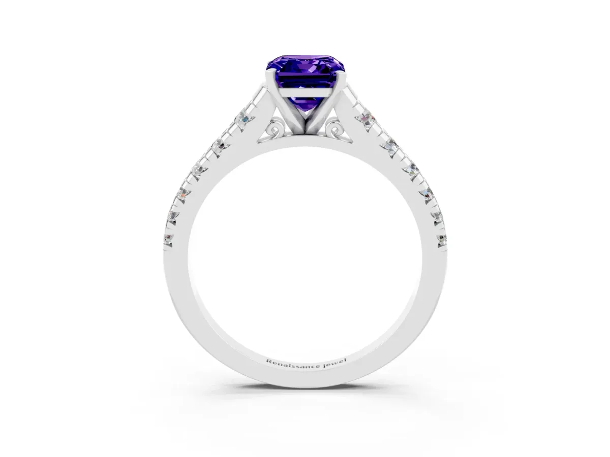 Emerald Cut Tanzanite Cathedral Solitaire Ring with Round Pavé Band Silver