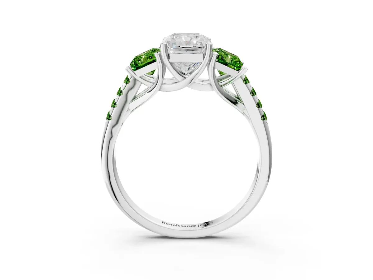 Three-Stone Radiant Cut Diamond Ring with Round Peridot Pavé Band and Prong Setting Platinum