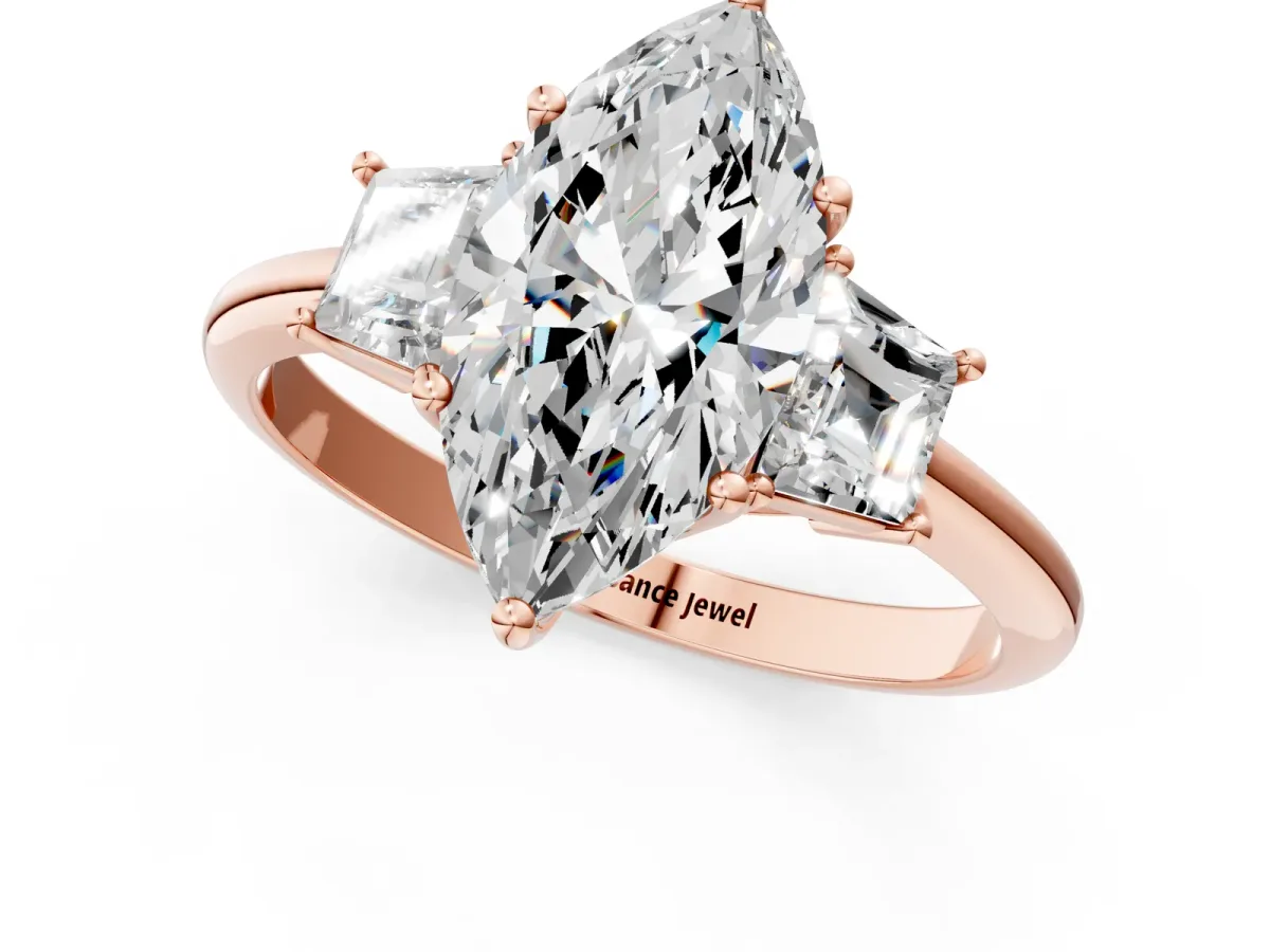 Marquise Cut Diamond Three-Stone Ring with Trapezoid Side Stones and Prong Setting Rose gold