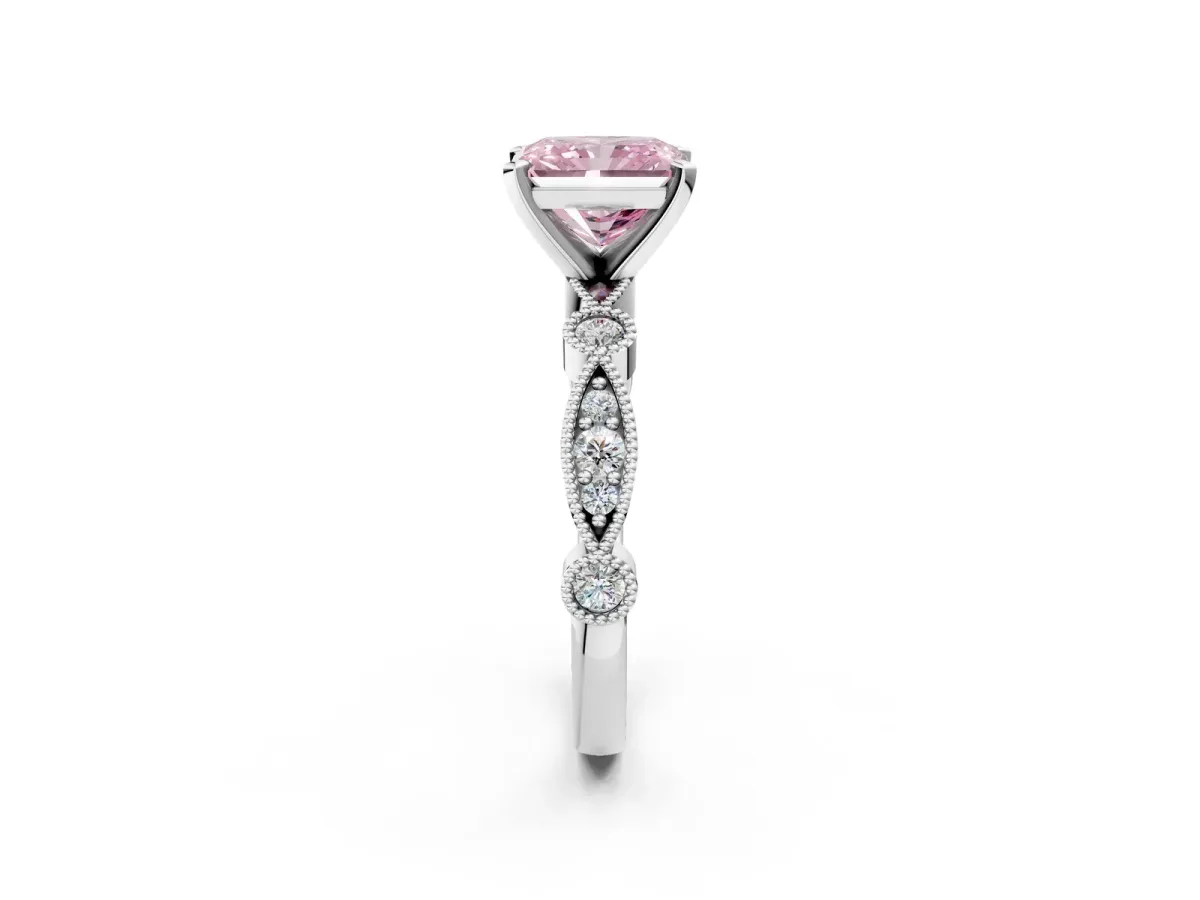 Fancy Pink Radiant Cut Milgrain Bezel Diamond Engagement Ring with Solitaire Prong Setting Platinum