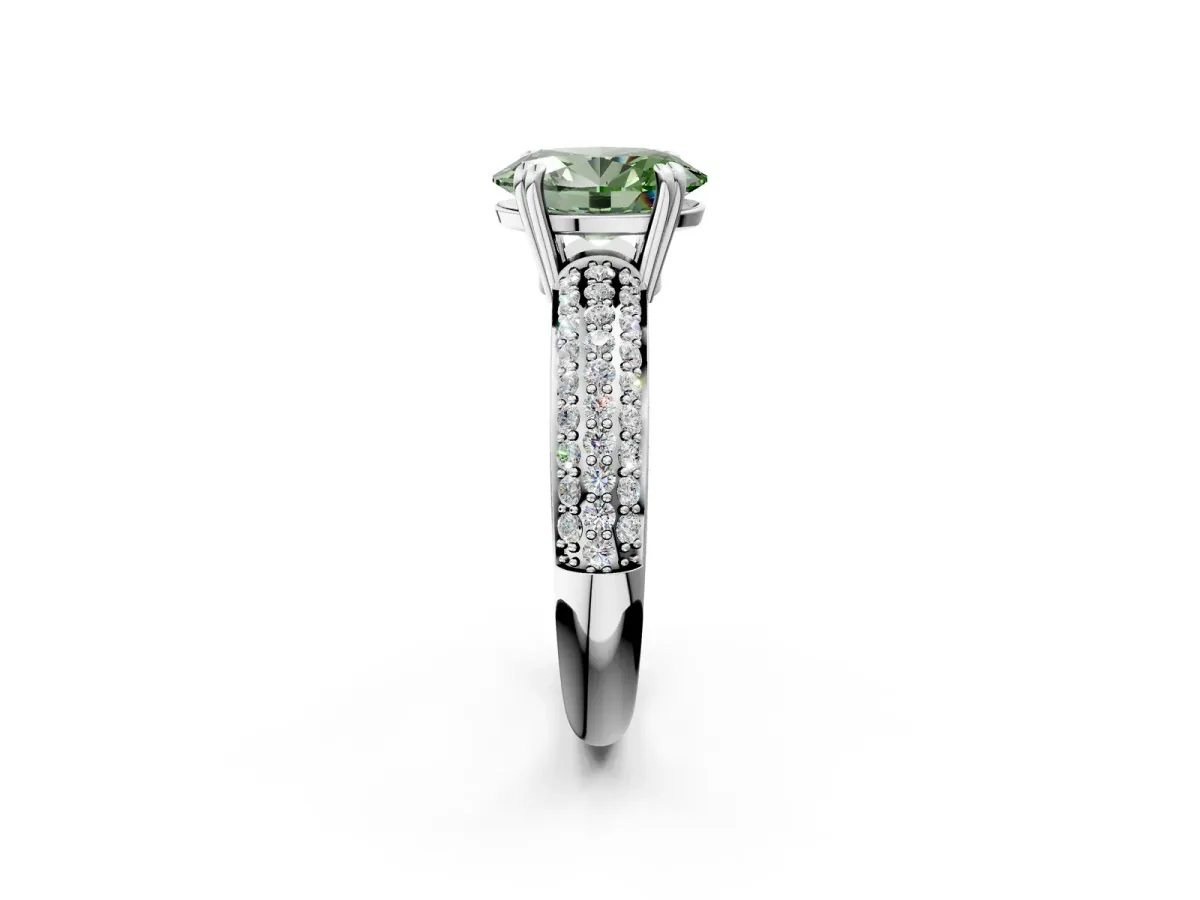 Fancy Green Oval Cut Diamond Solitaire Ring with Multi-Row Round Pavé Band and Prong Setting White gold