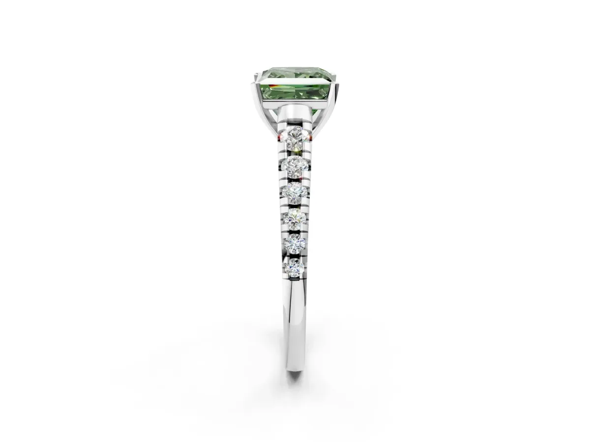 Fancy Green Princess Cut Diamond Cathedral Solitaire Ring with Round Pavé Band Silver