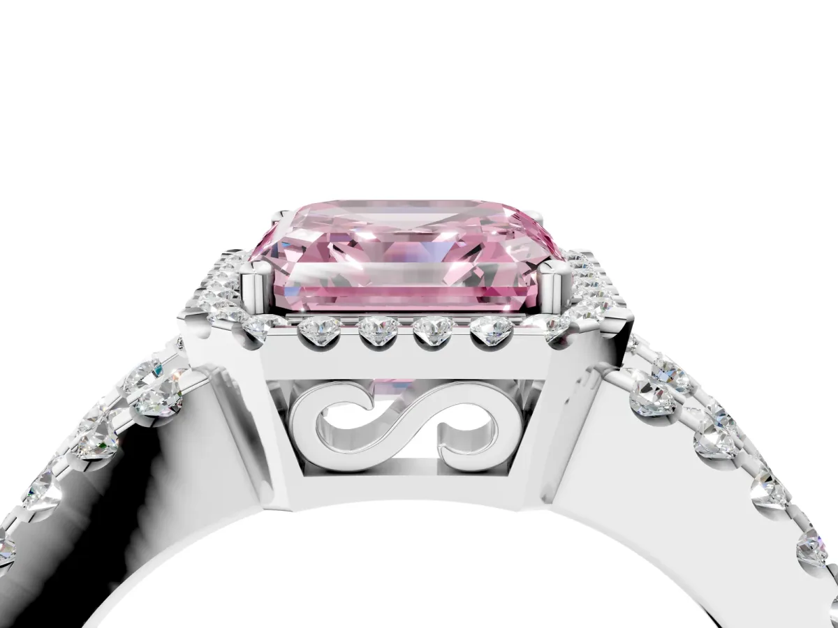 Fancy Pink Asscher Cut Cut Halo Split Shank Diamond Ring with Four-Prong Setting Platinum
