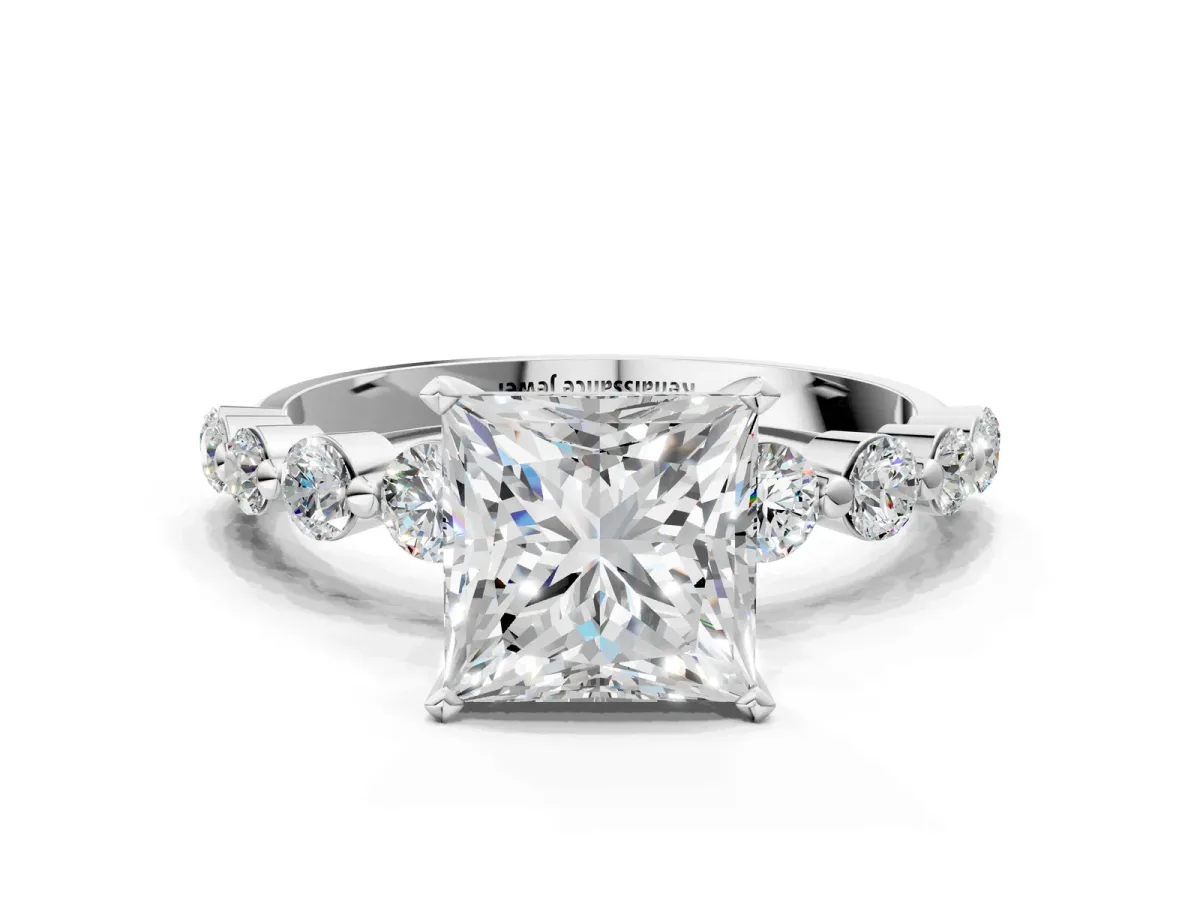Princess Cut Solitaire Diamond Ring with Pave Band and Four-Prong Setting Silver