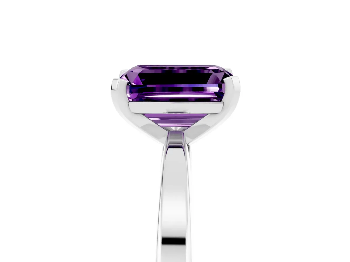 Emerald Cut Amethyst Solitaire Engagement Ring with Classic Band and Four-Prong Setting Silver