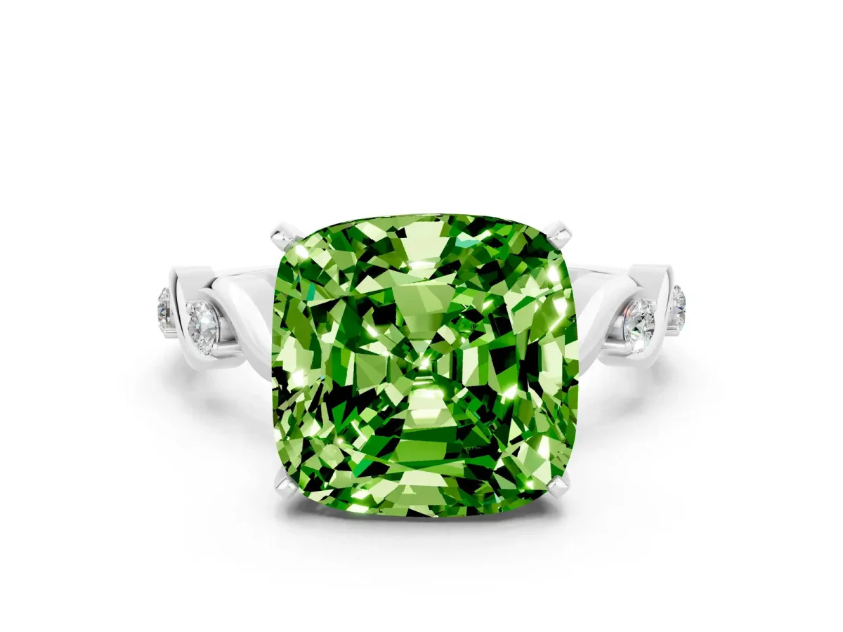 Cushion Cut Peridot Solitaire Twisted Band with Round Accents and Prong Setting Silver