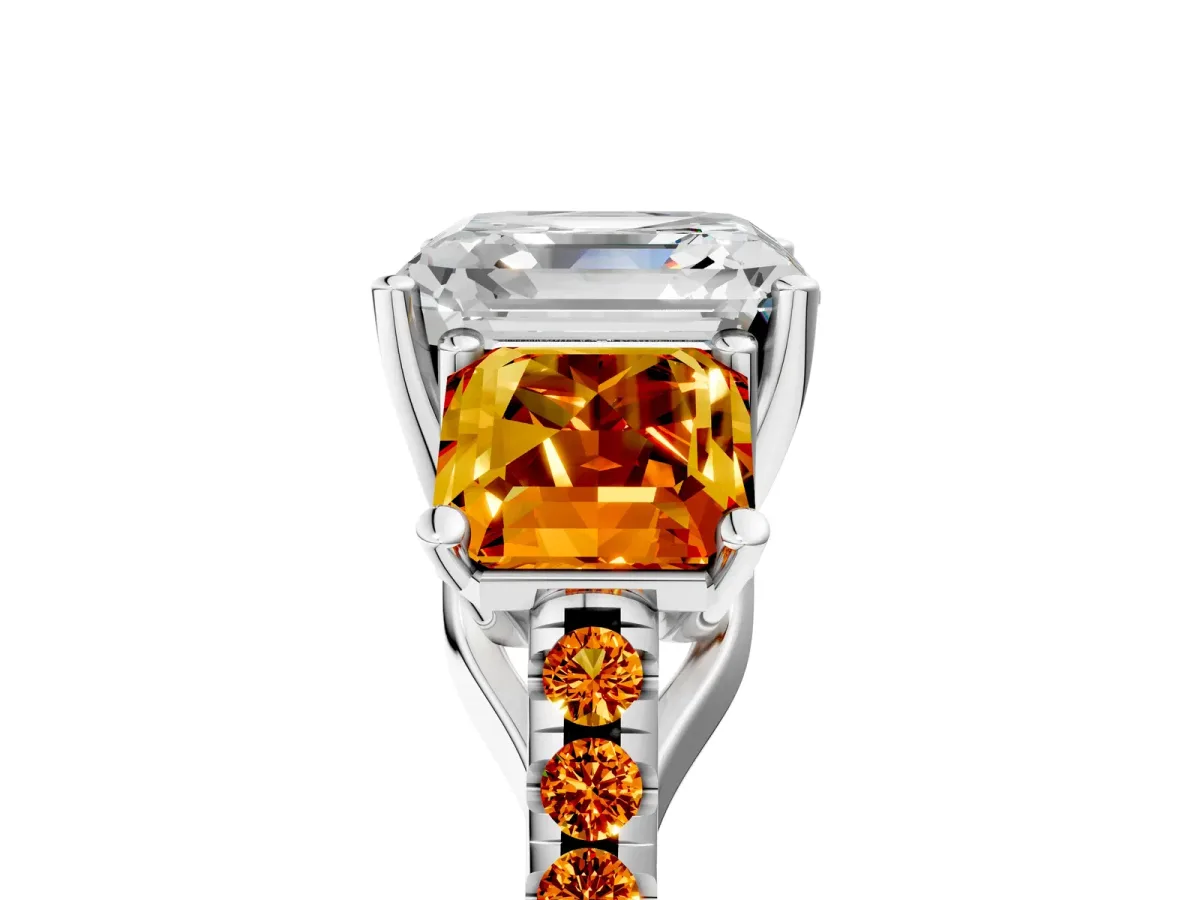 Three-Stone Asscher Cut Diamond Ring with Round Citrine Pavé Band and Prong Setting Silver