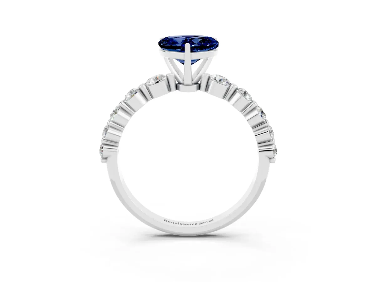 Heart Cut Solitaire Blue Sapphire Ring with Pave Band and Four-Prong Setting Silver