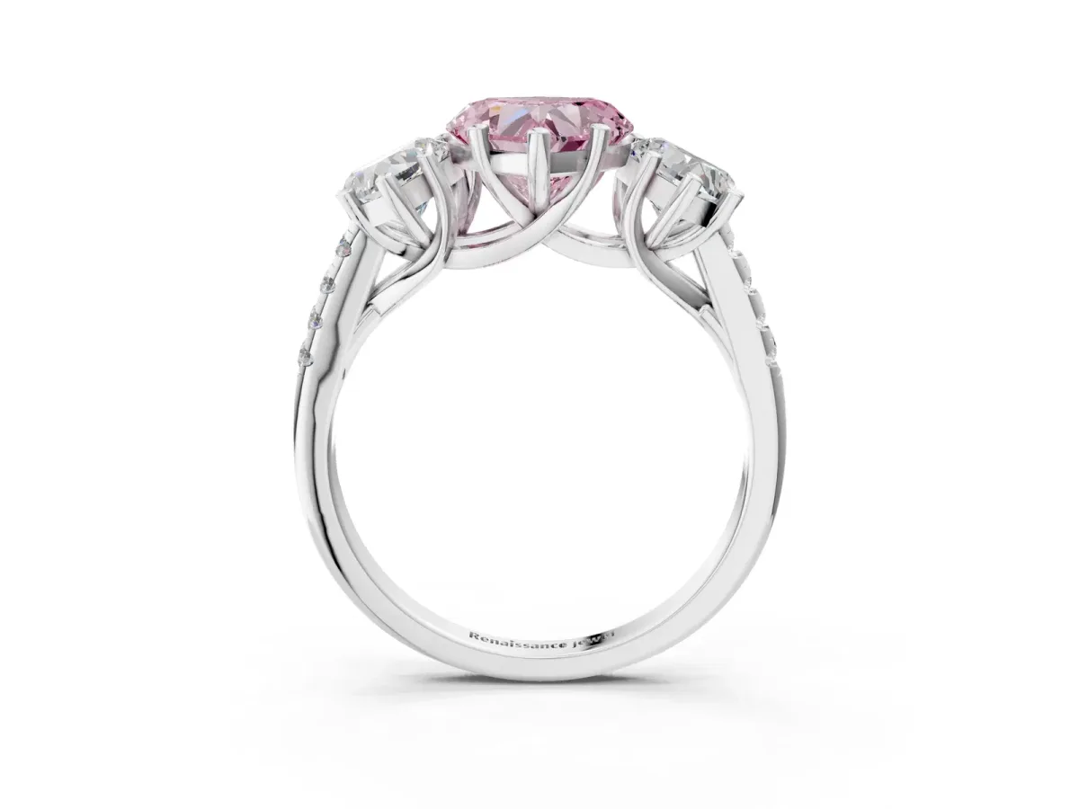 Fancy Pink Three-Stone Heart Cut Diamond Ring with Round Pavé Band and Prong Setting Silver