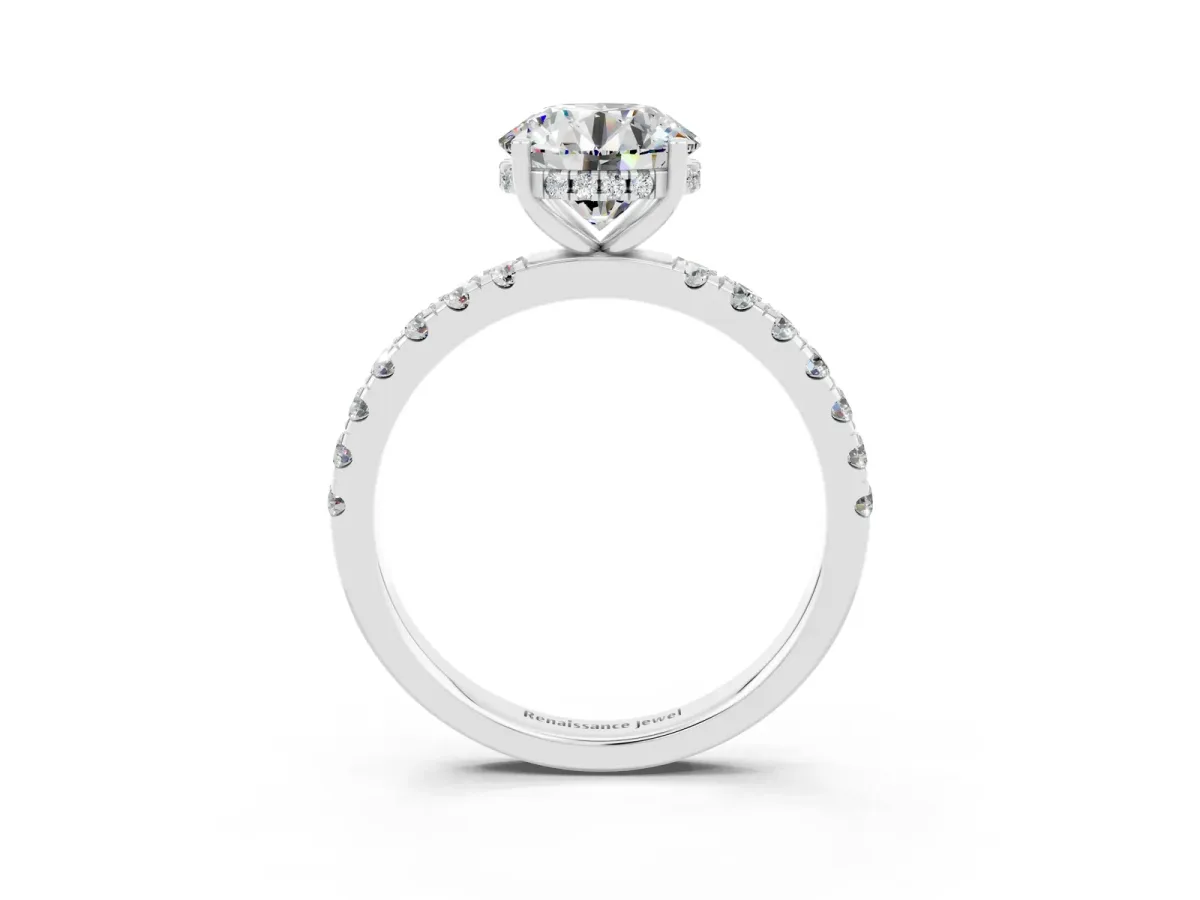 Round Cut Moissanite Pave Band Solitaire Ring with Round and Prong Setting Platinum