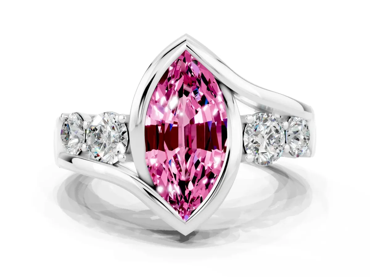 Bezel Set Marquise Cut Pink Sapphire Bypass Ring with Round Accents Silver