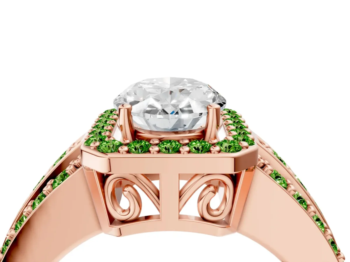 Oval Cut Halo Diamond Ring with Round Peridot Split Shank and Prong Setting Rose gold